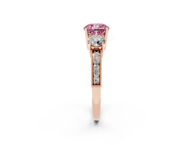 Cushion Cut Three Stone Engagement Ring Setting for a Fancy Pink Lab-Grown Diamond | Graduated Pave Band | Rose Gold