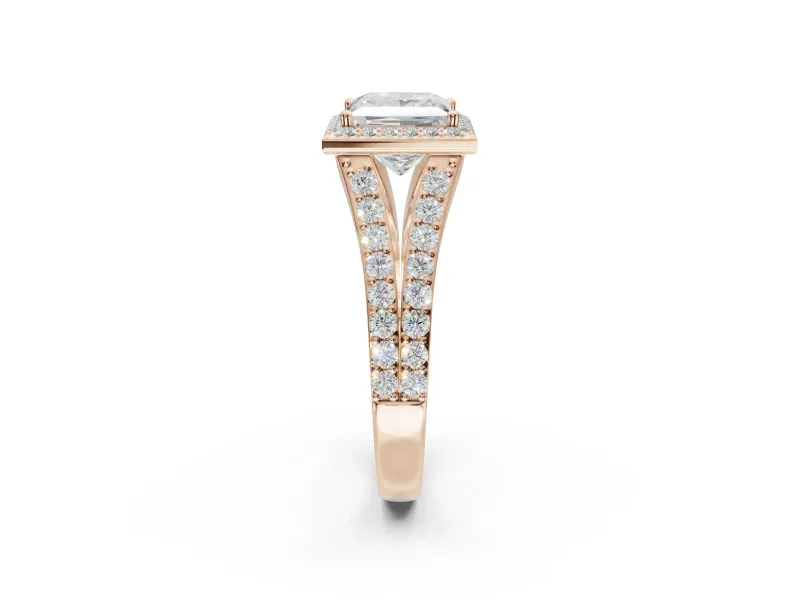 Princess Cut Halo Pavé Engagement Ring Setting | Narrow Split Shank | Rose Gold