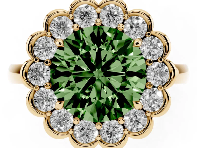 Round Scalloped Cluster Halo Engagement Ring Setting for a Fancy Green Lab-Grown Diamond | Plain Band | Yellow Gold