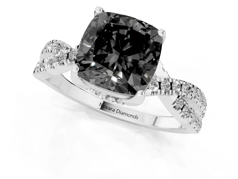 Cushion Cut Twisted Pavé Engagement Ring Setting for a Black Center | Split Shank | White Gold