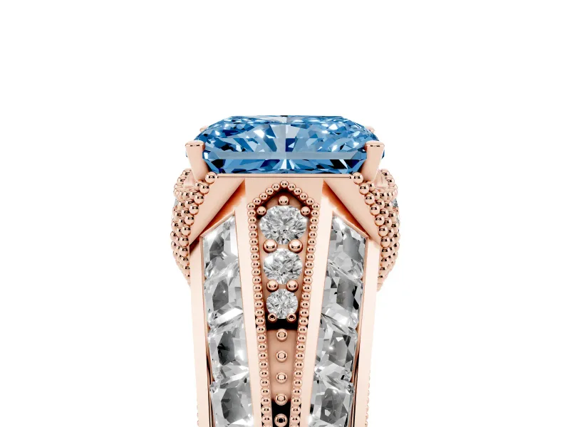 Fancy Blue Radiant Cut Diamond Vintage-Inspired Milgrain Ring Set in Rose gold with Accent Split Shank