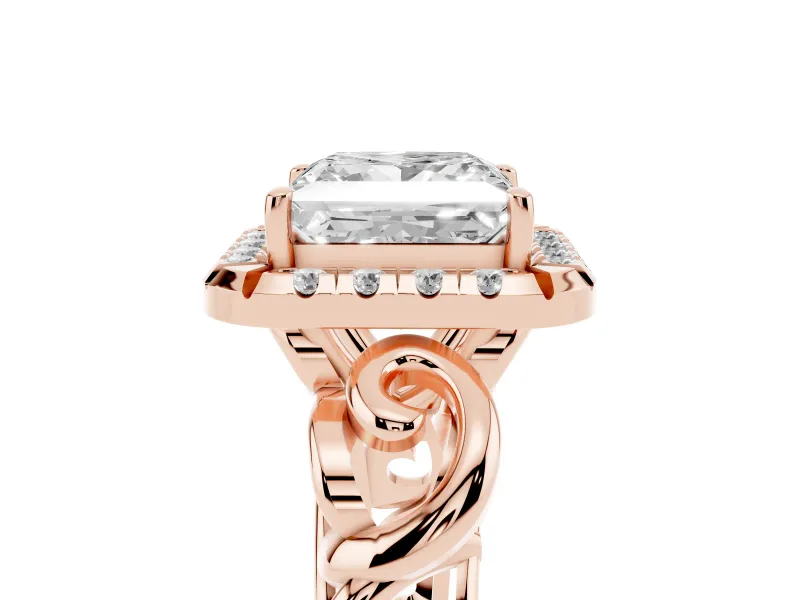Princess Cut Diamond Halo Ring Set in Rose gold with Scrollwork Band and Prong Setting