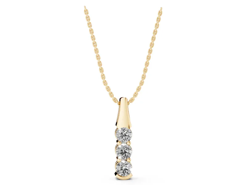 Round Lab-Grown Diamond Three-Stone Vertical Pendant Necklace | Tapered Bail | Yellow Gold