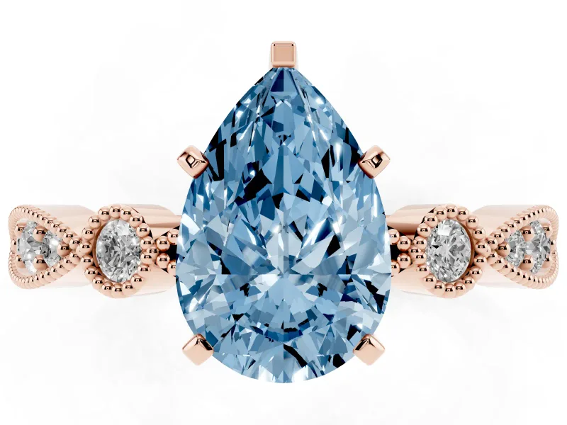 Fancy Blue Pear Cut Diamond Solitaire Engagement Ring Set in Rose gold with Milgrain Bezel Accent Band