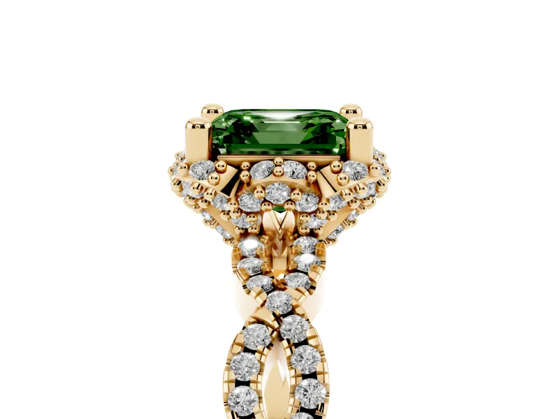 Fancy Green Asscher Cut Diamond Halo Twist Band Solitaire Ring Set in Yellow gold with Prong-Set Center Stone