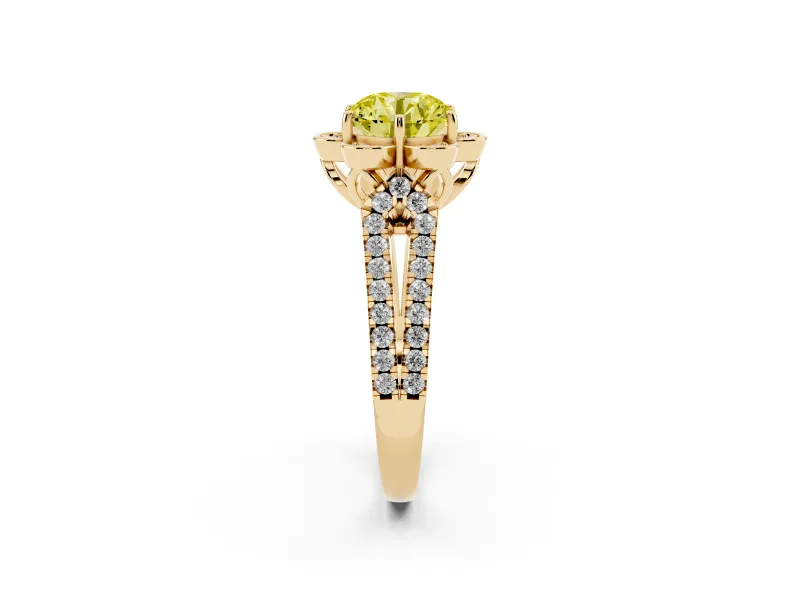 Round Floral Halo Engagement Ring Setting for a Fancy Yellow Lab-Grown Diamond | Pavé Split Shank | Yellow Gold