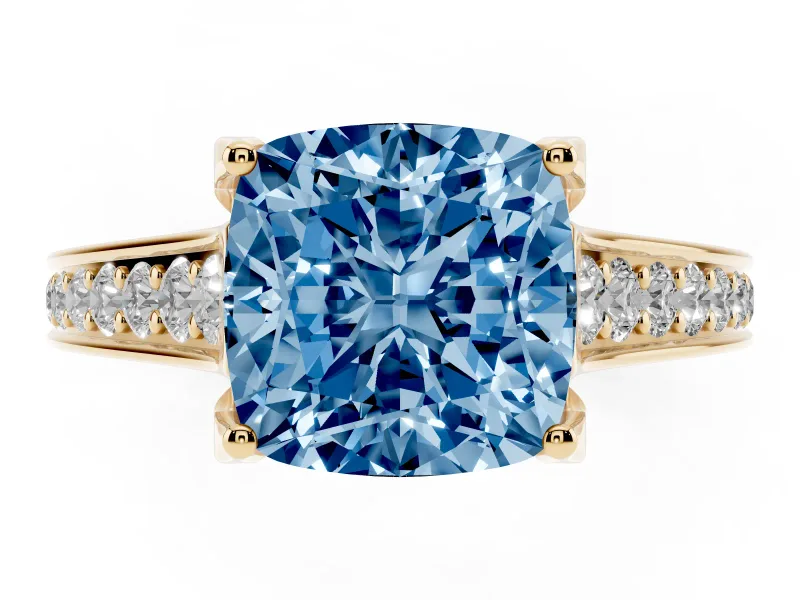 Fancy Blue Cushion Cut Diamond Solitaire Pavé Engagement Ring Set in Yellow gold with Prong Setting