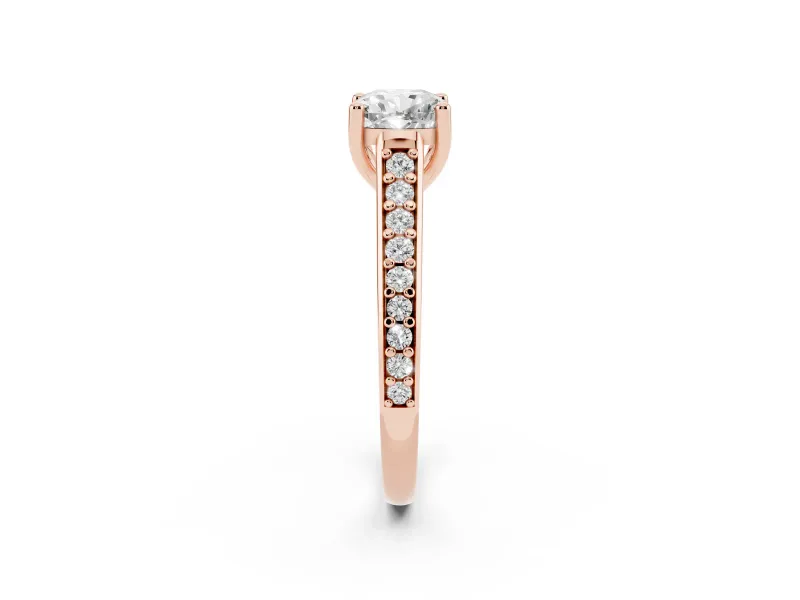 Cushion Cut Diamond Prong Set Solitaire Engagement Ring Set in Rose gold with Pavé Band