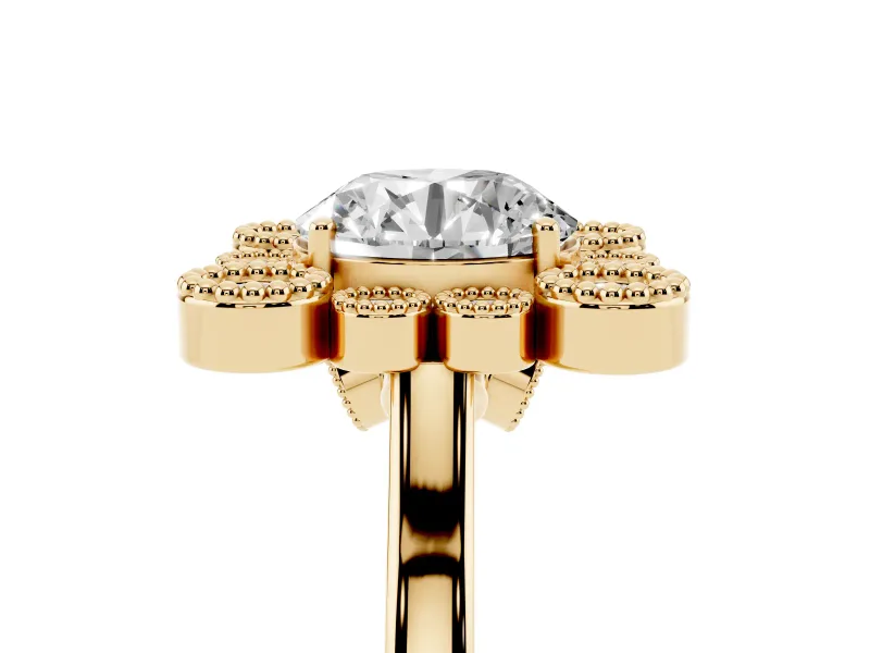 Round Vintage Milgrain Bezel Cluster Halo Engagement Ring Setting | Plain Band | Yellow Gold