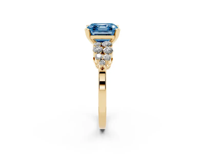 Fancy Blue Asscher Cut Diamond Cluster Engagement Ring Set in Yellow gold with Pavé Band and Prong Setting