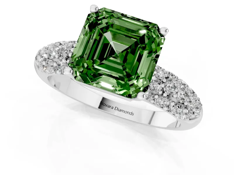 Asscher Cut Close Set Pave Engagement Ring Setting for a Fancy Green Lab-Grown Diamond | Multi Row | Sterling Silver