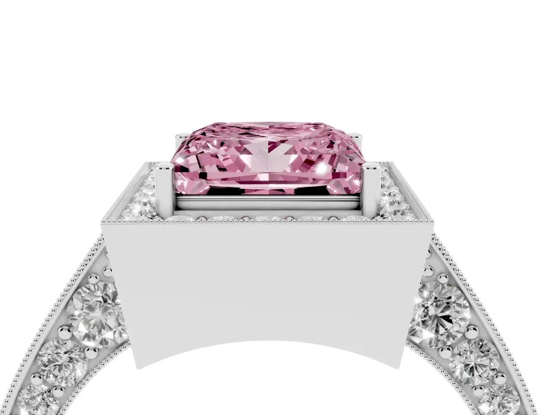 Princess Cut Milgrain Halo Engagement Ring Setting for a Fancy Pink Lab-Grown Diamond | Side Stones | White Gold