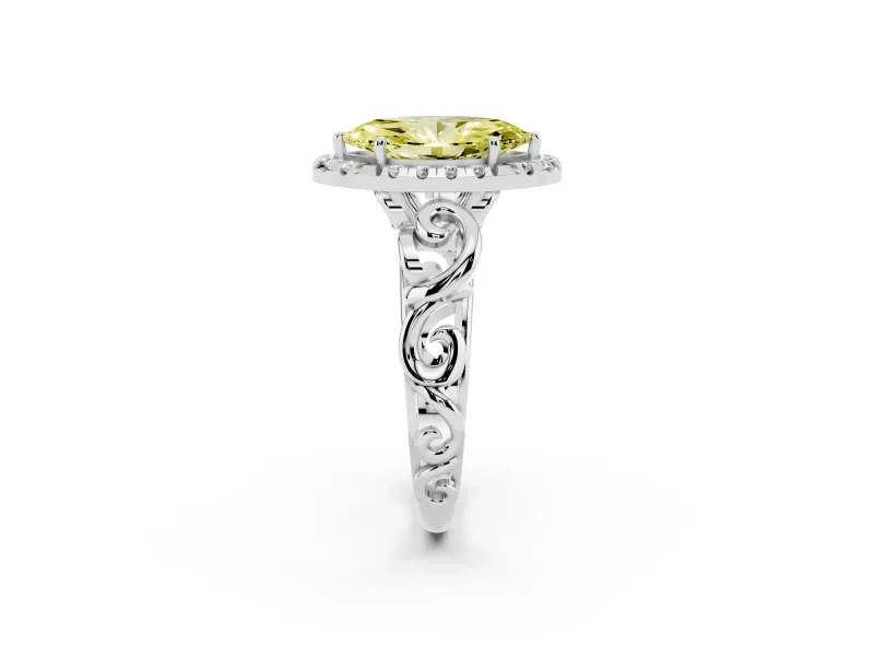 Fancy Yellow Marquise Cut Diamond Halo Ring Set in Silver with Scrollwork Band and Prong Setting