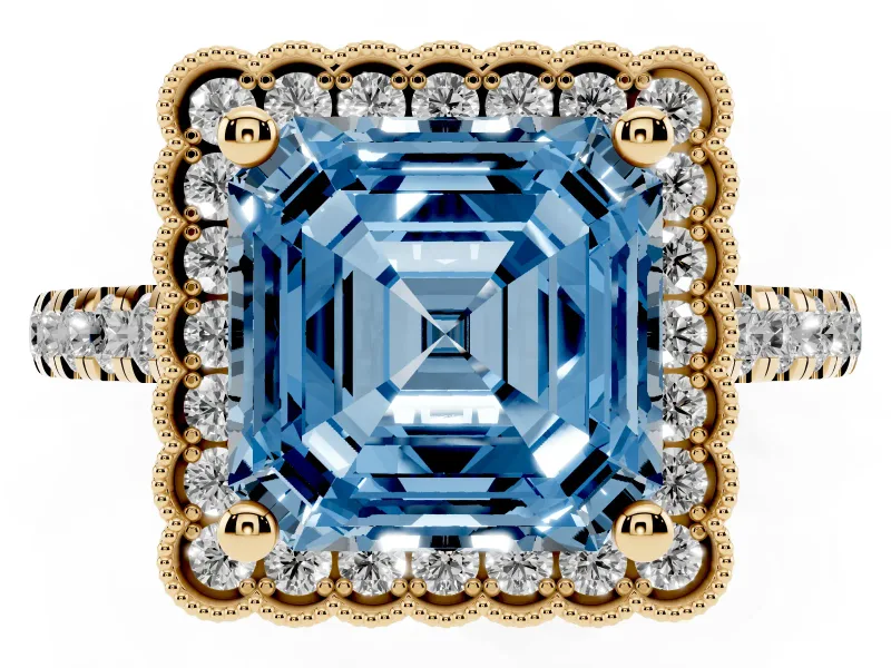 Asscher Cut Milgrain Floral Halo Engagement Ring Setting for a Fancy Blue Lab-Grown Diamond | Pavé Band | Yellow Gold