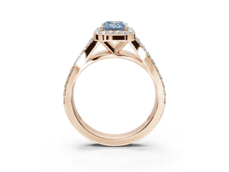 Emerald Cut Halo Pavé Engagement Ring Setting for a Fancy Blue Lab-Grown Diamond | Narrow Split Shank | Rose Gold