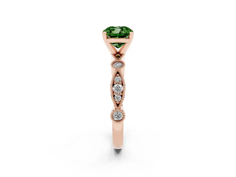 Fancy Green Cushion Cut Diamond Solitaire Engagement Ring Set in Rose gold with Milgrain Bezel Accent Band