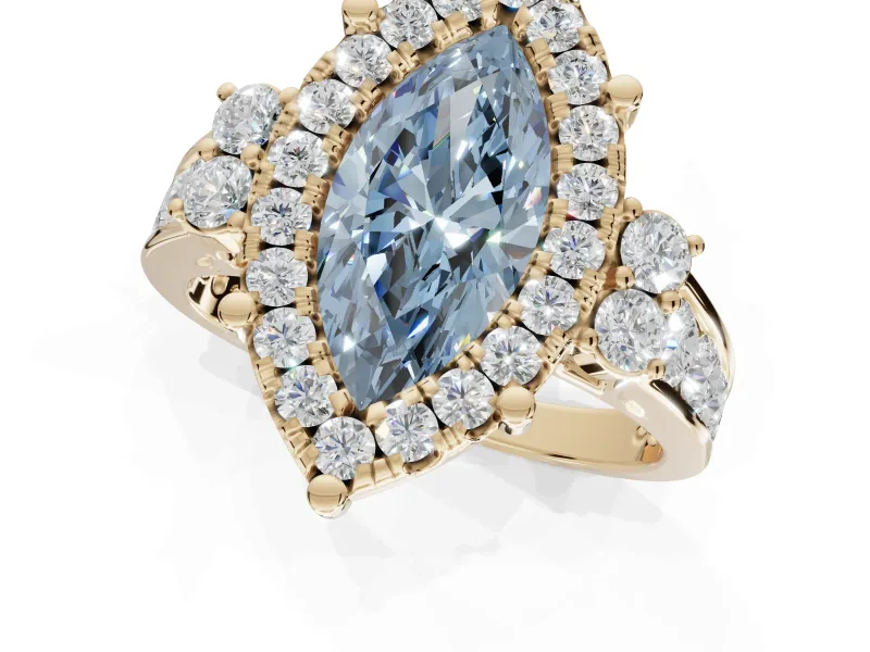 Marquise Halo Engagement Ring Setting for a Fancy Blue Lab-Grown Diamond | Graduated Channel Band | Yellow Gold