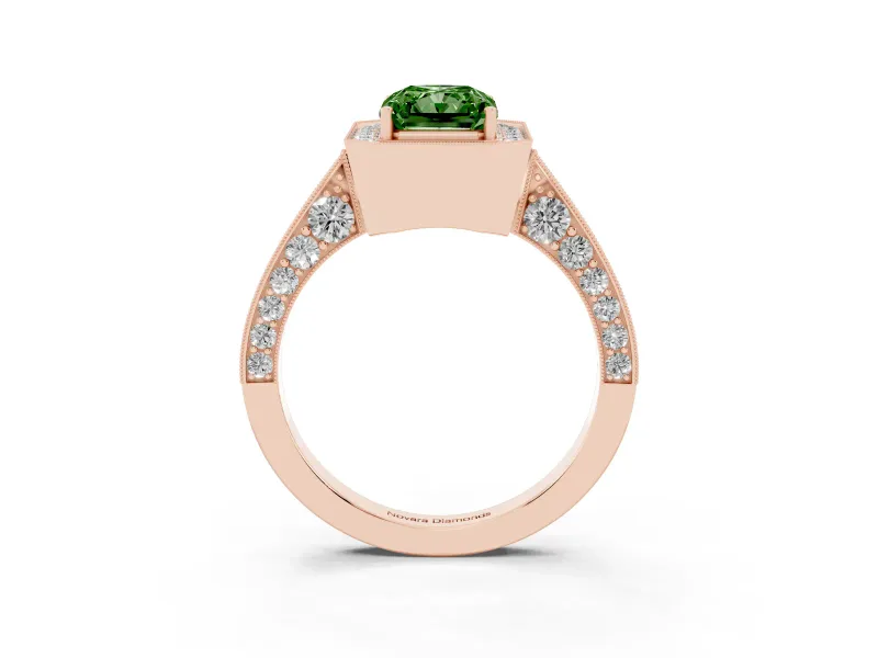 Radiant Cut Milgrain Halo Engagement Ring Setting for a Fancy Green Lab-Grown Diamond | Side Stones | Rose Gold