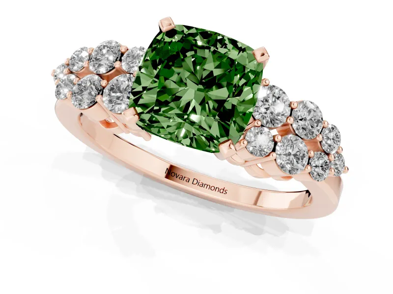 Fancy Green Cushion Cut Diamond Cluster Engagement Ring Set in Rose gold with Pavé Band and Prong Setting