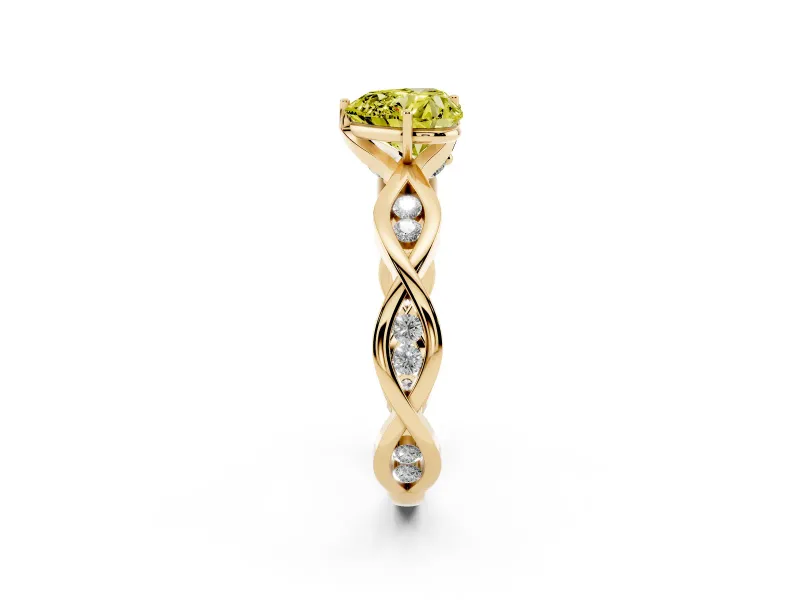 Fancy Yellow Heart Cut Diamond Twist Band Solitaire Ring Set in Yellow gold with Leaf Prong Setting and Accent Stones