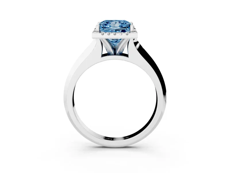 Fancy Blue Princess Cut Diamond Halo Ring Set in White gold with Cathedral Band and Prong Setting