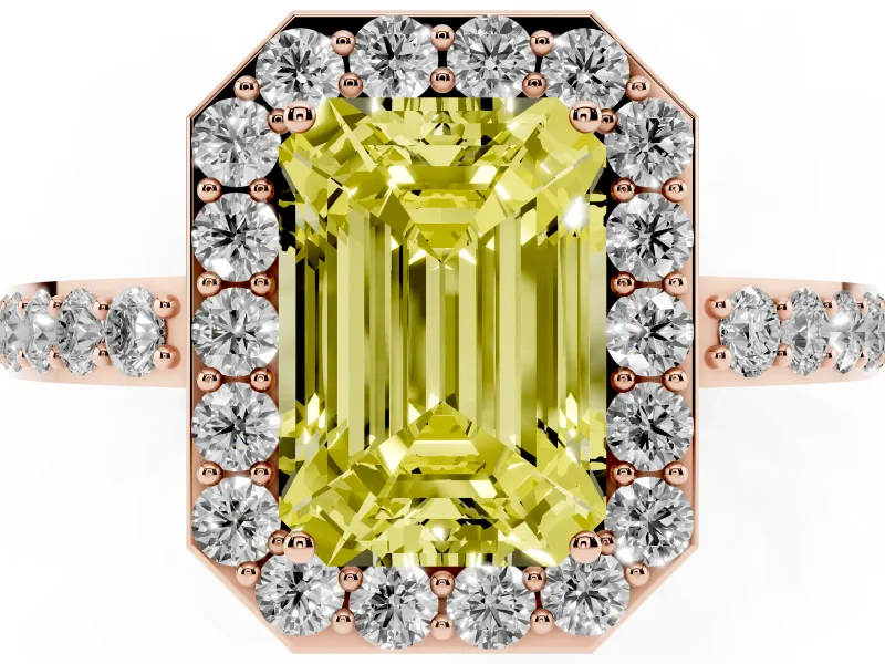 Fancy Yellow Emerald Cut Diamond Halo Ring Set in Rose gold with Pavé-Setting Band and Open Prong Center