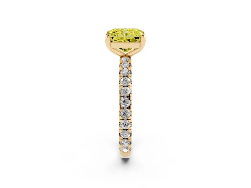 Fancy Yellow Radiant Cut Diamond Pavé Solitaire Ring Set in Yellow gold with Round Band and Prong Setting
