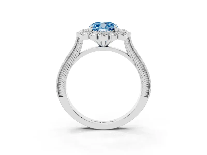 Cushion Cut Scalloped Halo Engagement Ring Setting for a Fancy Blue Lab-Grown Diamond | Milgrain Edges | White Gold