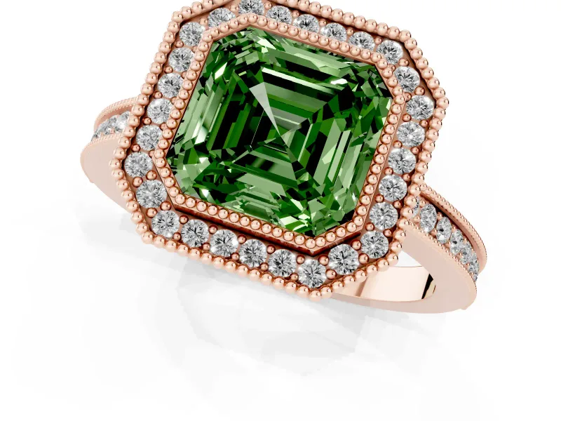 Asscher Cut Milgrain Halo Engagement Ring Setting for a Fancy Green Lab-Grown Diamond | Rose Gold