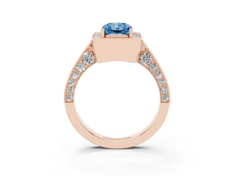 Radiant Cut Milgrain Halo Engagement Ring Setting for a Fancy Blue Lab-Grown Diamond | Side Stones | Rose Gold