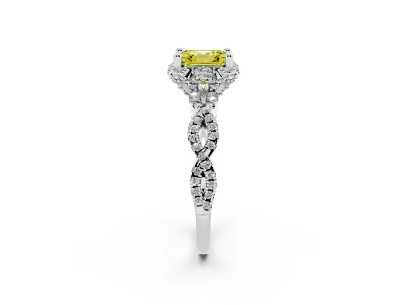 Fancy Yellow Asscher Cut Diamond Halo Twist Band Solitaire Ring Set in Silver with Prong-Set Center Stone