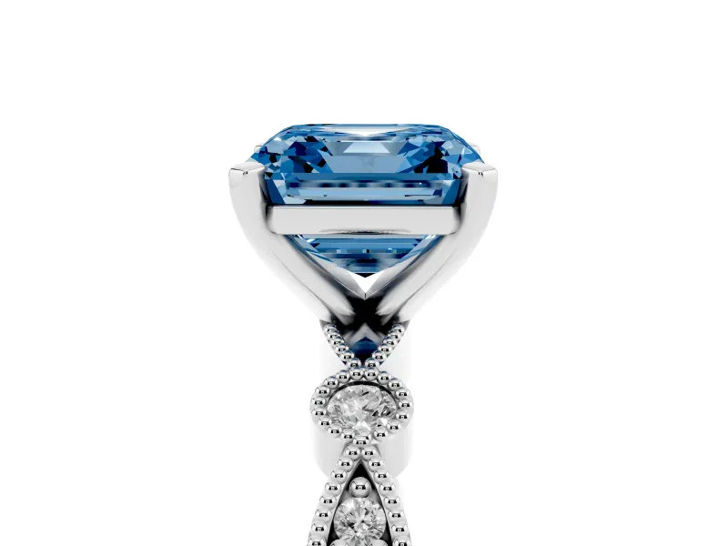 Fancy Blue Asscher Cut Diamond Solitaire Engagement Ring Set in Silver with Milgrain Bezel Accent Band
