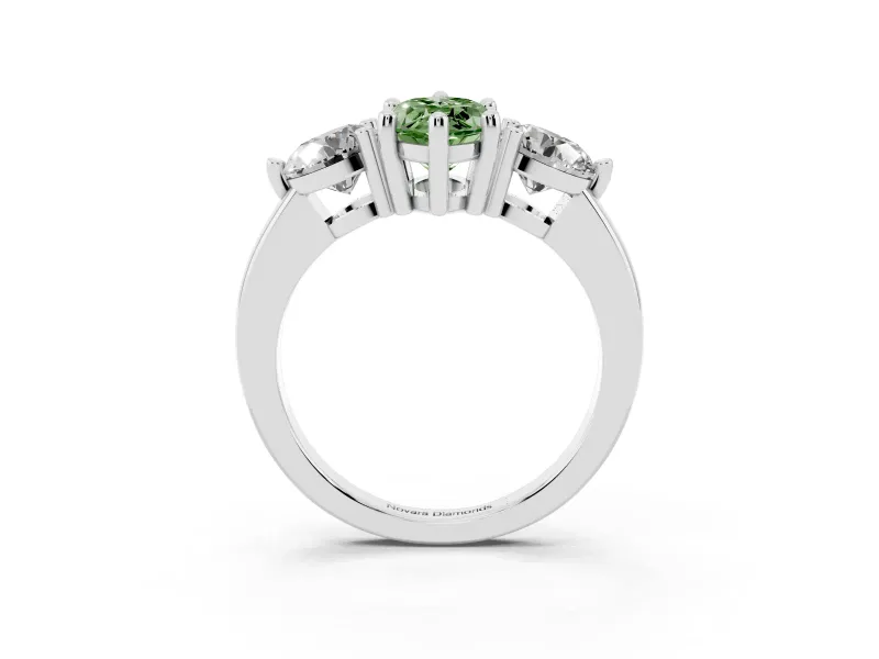 Fancy Green Marquise Cut Diamond Three-Stone Ring Set in White gold with Prong Setting and Classic Band