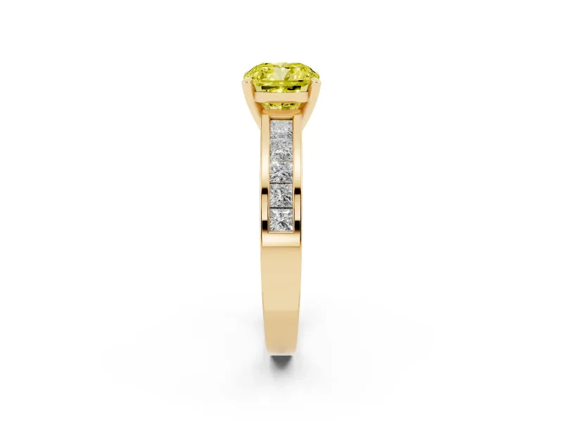 Fancy Yellow Cushion Cut Diamond Solitaire Ring Set in Yellow gold with Channel-Set Band and Prong Setting