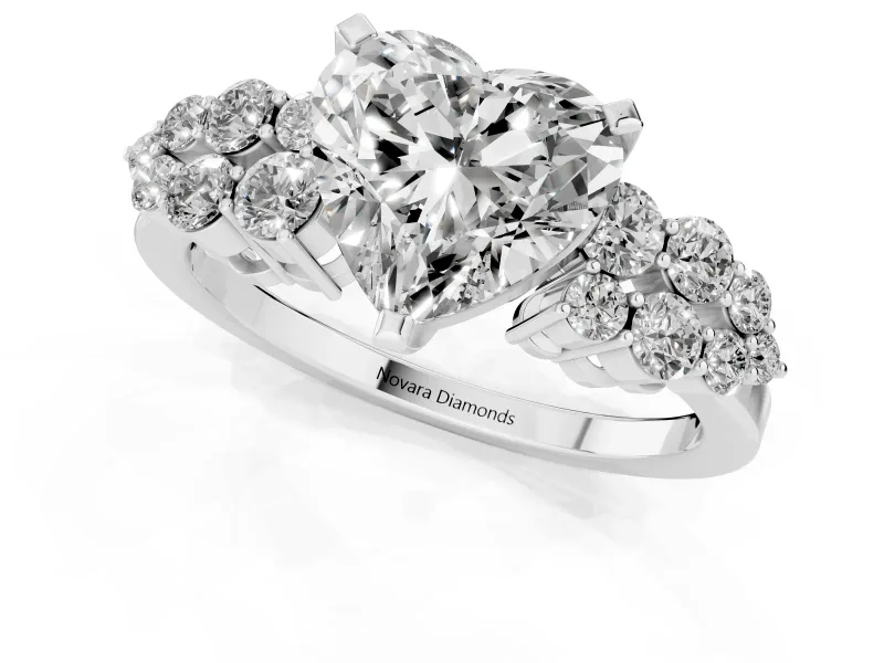 Heart-Shaped Side Stone Engagement Ring Setting | Two-Row Shoulder Clusters | Sterling Silver