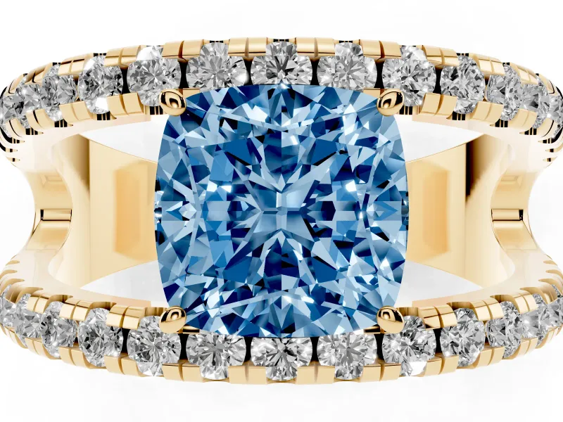 Cushion Cut Pavé Engagement Ring Setting for a Fancy Blue Lab-Grown Diamond | Yellow Gold - Design NV-24679