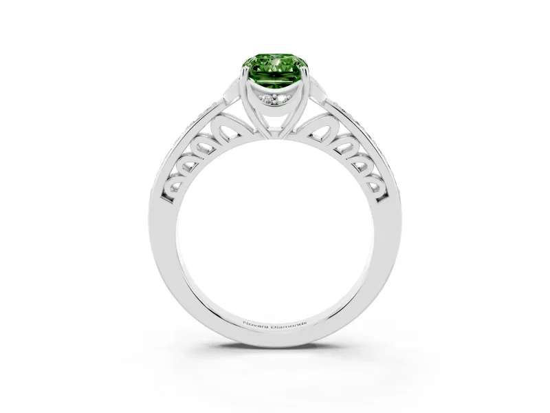 Fancy Green Radiant Cut Diamond Halo Ring Set in Platinum with Channel Set Band and Prong Setting