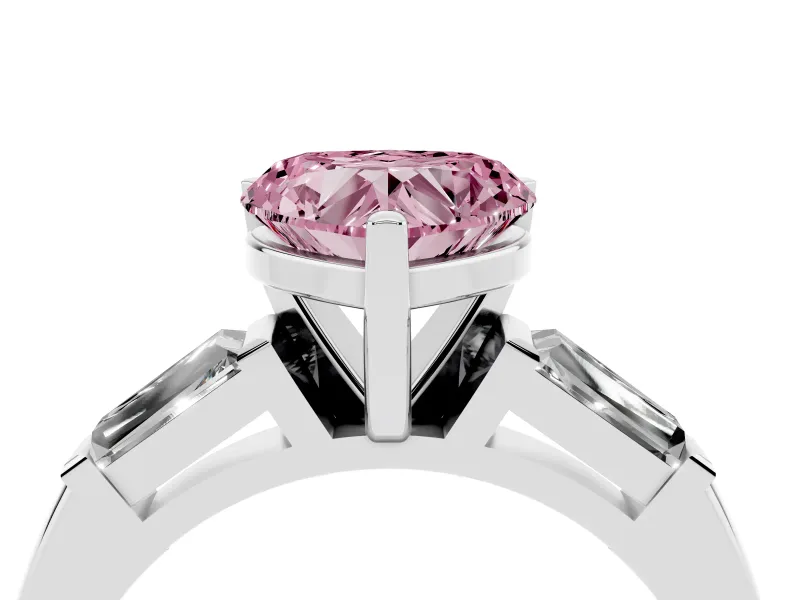Fancy Pink Heart Cut Diamond Solitaire Ring Set in Silver with Tapered Baguette Side Stones and Prong Setting