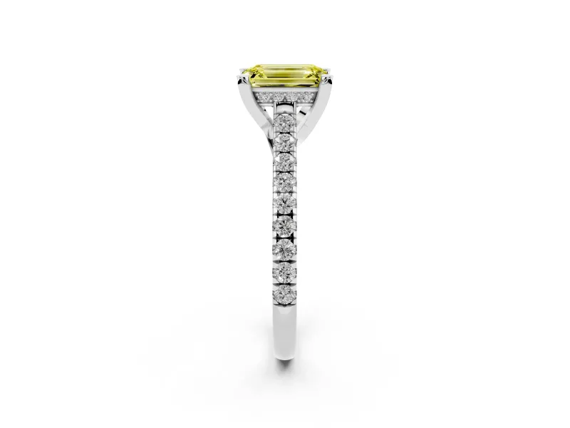 Emerald Cut Hidden Halo Pave Engagement Ring Setting for a Fancy Yellow Lab-Grown Diamond | Claw Prongs | White Gold