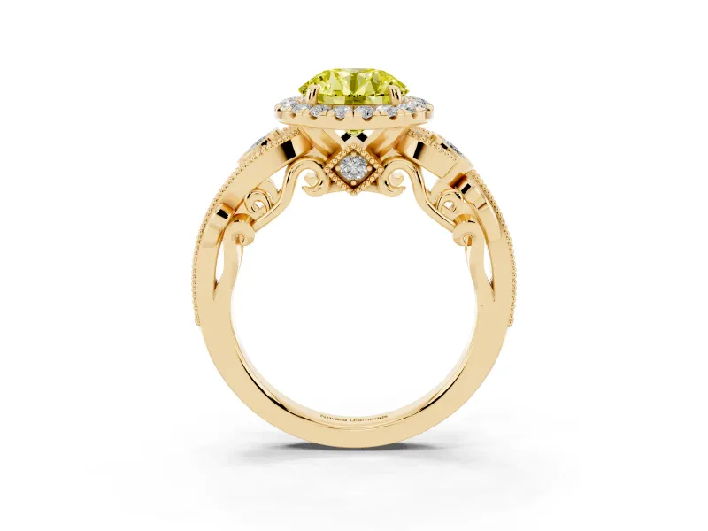 Fancy Yellow Round Cut Diamond Halo Ring Set in Yellow gold with Milgrain Pavé Band and Prong Setting