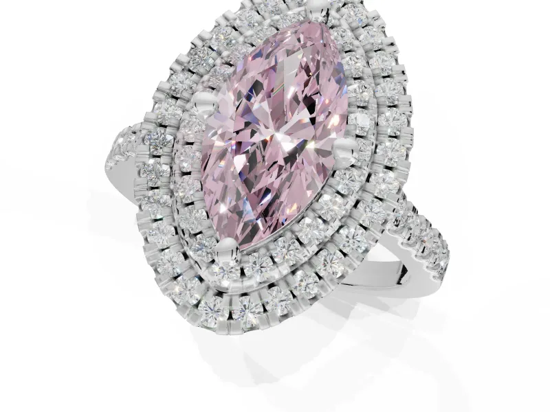 Fancy Pink Marquise Lab-Grown Diamond Double Halo Statement Ring Set in Platinum with Pavé Band