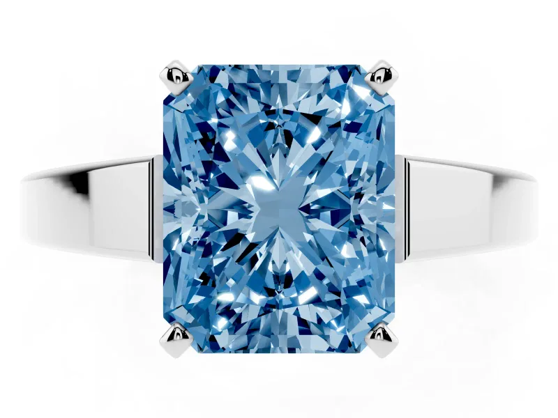 Fancy Blue Radiant Cut Diamond Solitaire Engagement Ring Set in Platinum with Prong Setting and Tapered Band