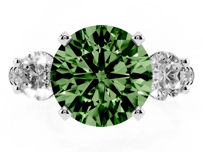Fancy Green Three-Stone Round Cut Diamond Pavé Band Ring Set in White gold with Prong-Set Trio
