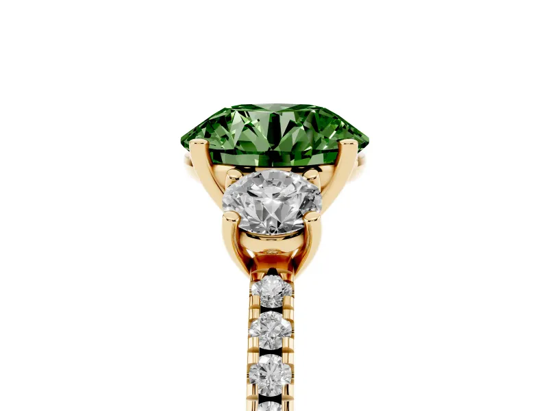 Fancy Green Round Cut Diamond Three-Stone Ring Set in Yellow gold with Pavé Band and Graduated Sides