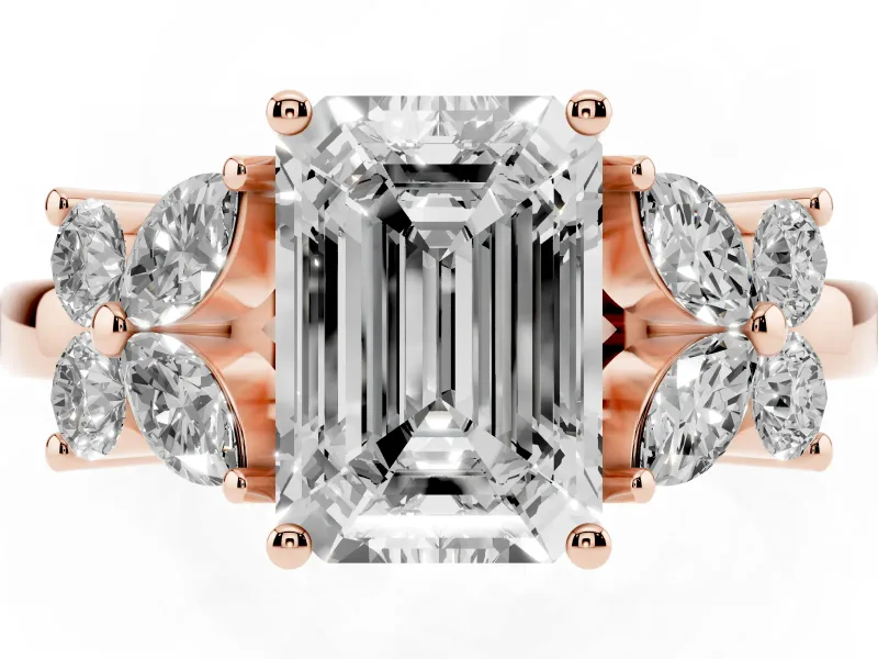 Emerald Cut Diamond Floral Cluster Ring Set in Rose gold with Marquise Petals and Prong Setting