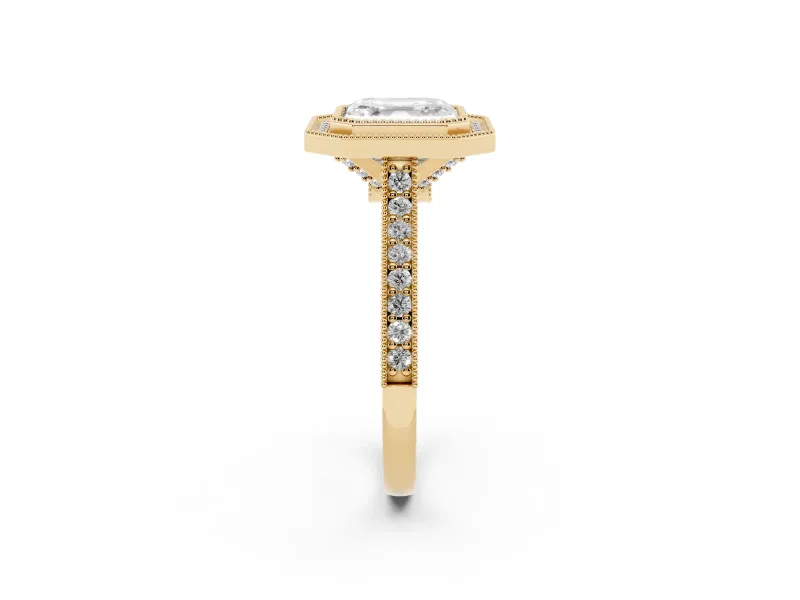 Asscher Cut Vintage Milgrain Halo Engagement Ring Setting | Bezel Head | Yellow Gold