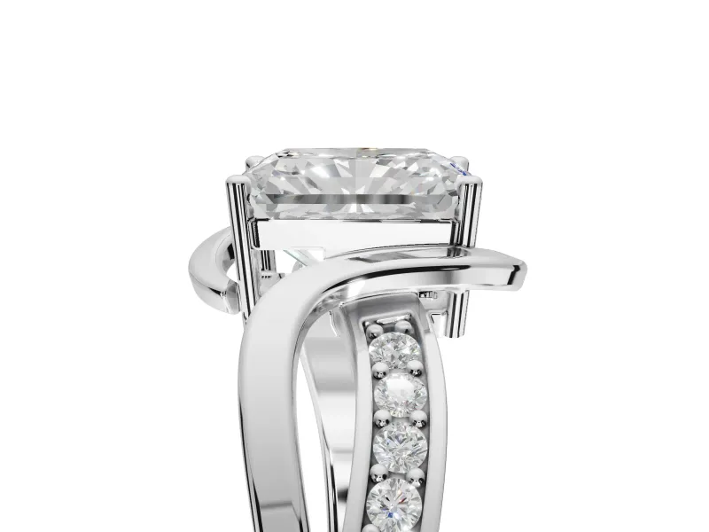 Radiant Cut Bypass Solitaire Engagement Ring Setting | Pavé and Plain Strands | Sterling Silver