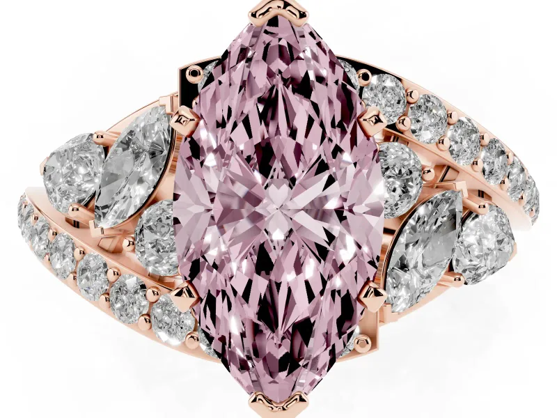 Fancy Pink Marquise Cut Diamond Halo Ring Set in Rose gold with Marquise and Pavé Band in Prong Setting