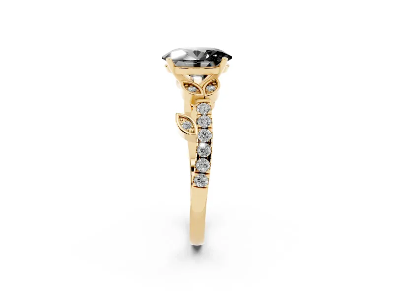 Fancy Black Oval Cut Diamond Solitaire Leaf-Inspired Ring Set in Yellow gold with Pavé Band and Prong Setting