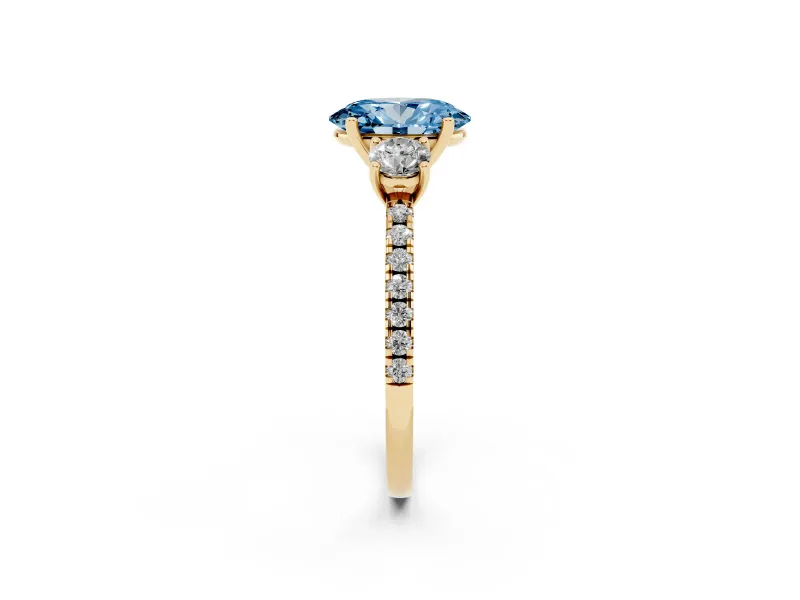 Oval Three Stone Engagement Ring Setting for a Fancy Blue Lab-Grown Diamond | Pave Shoulders | Yellow Gold
